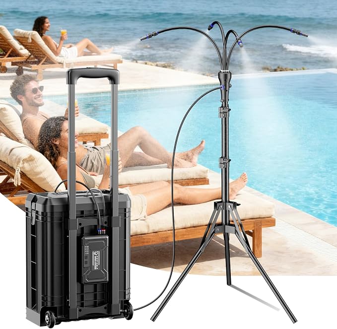 Portable Misting System with 15L Rolling Bucket, 10000mAh Battery Powered Standing Mister for Outside Patio, 4.2FT Adjustable Height Mobile Cooling Set for Beach, Camping, Picnic, Sports- Black