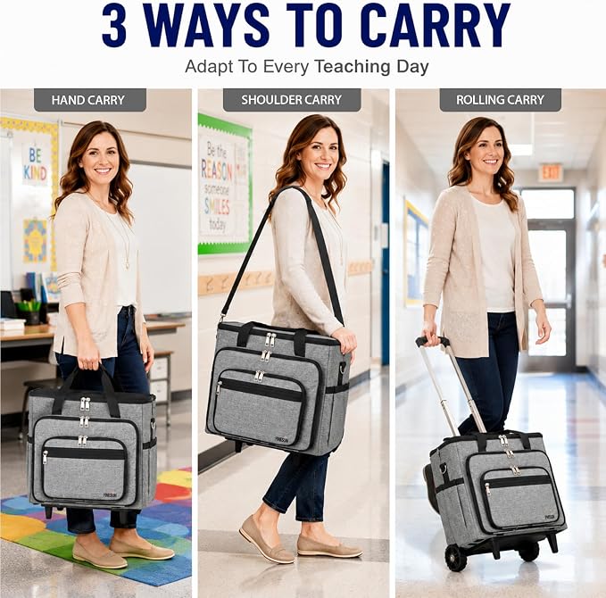 Upgraded Rolling Bag with Detachable Dolly, Heavy Duty Wheeled Teacher Bag, Multifunctional Rolling Briefcase for Work, Office, Craft Storage & Travel (Grey)