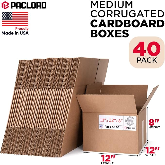 Medium Cardboard Boxes 12"L x 12"W x 8"H (Pack of 40) - USA-Made Packing Boxes for Moving, Shipping, or Storage - USPS, UPS, FedEx Approved - Professional Packing Supplies for Moving | USA-Made Packing Boxes for Moving, Shipping, or Storage - USPS, UPS...