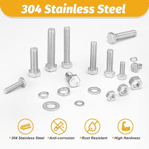 Kadrick 272Pcs 18-8(304) Stainless Steel Hex Bolts Assortment,1/4-20 5/16-18 3/8-16 Heavy Duty Bolts and Nuts Kit, Assorted SAE Bolts Nuts Flat&Lock Washers,Lenth Form 1/2''-2''