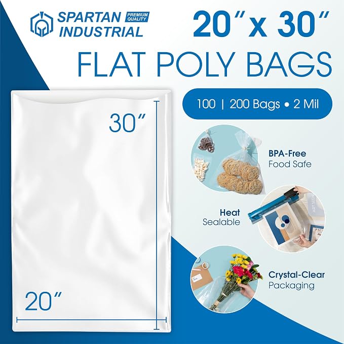 20" X 30" Open-End Flat Poly Bags (100 Count) No Adhesive Strip - 2 Mil Clear Bags for Packaging, Shipping, Storage - Spartan Industrial
