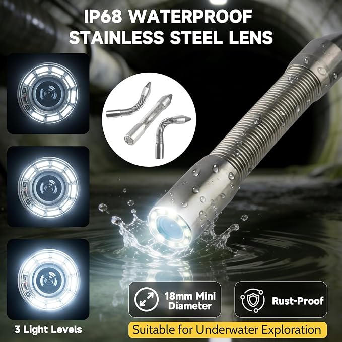 Sewer Camera, Sewer Inspection Camera, 5" IPS HD Drain Camera with 8 Lights, IP68, 32GB, DVR, FOV145°, Microphone & Speaker, for Pipe, Home Duct, Plumbing - 66FT (30M/100FT)