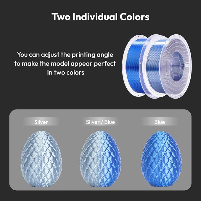 AMOLEN Silk PLA 3D Printer Filament, Dual Color Blue Silver PLA 1.75mm, Shiny Color Change Filament 3D Printing PLA Filament for Most FDM 3D Printer, 1kg Spool(2.2lbs)