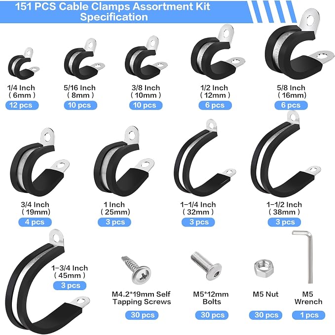 151PCS Cable Clamps Assortment Kit, 10 Sizes-1/4 5/16" 3/8" 1/2" 5/8" 3/4" 1" 1-1/4" 1-1/2" 1-3/4" 304 Stainless Steel Pipe Clamp with 2 Kinds of Screws for Hose,Tube,Automotive,Fuel Line