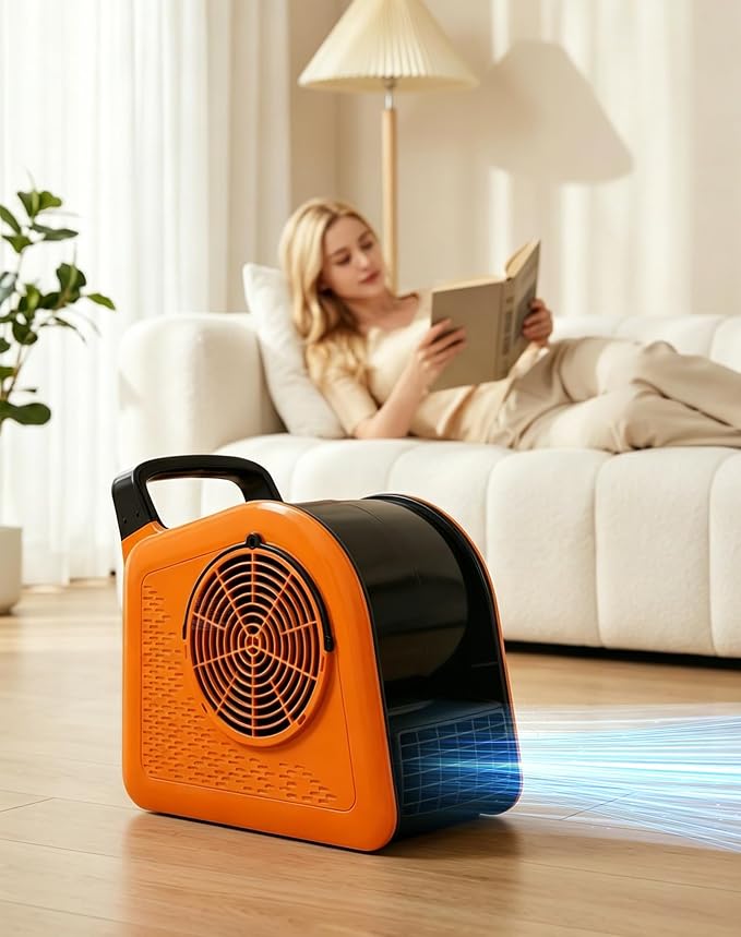 Air Mover Blower Fan, Drying Cooling Ventilating, Removable Filter Screen, 185° Rotation, 3 Adjustable Speeds, 2 AC Outlets, Portable Blower for Home, Garage, Workshop and Job Site, Orange