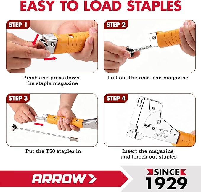 Arrow HT50 Heavy Duty Hammer Tacker, Chromed-Steel Manual Stapler with Sure-Grip Handle, Dual-Capacity Rear-Load Magazine, Fits 5/16”, 3/8", or 1/2" Staples