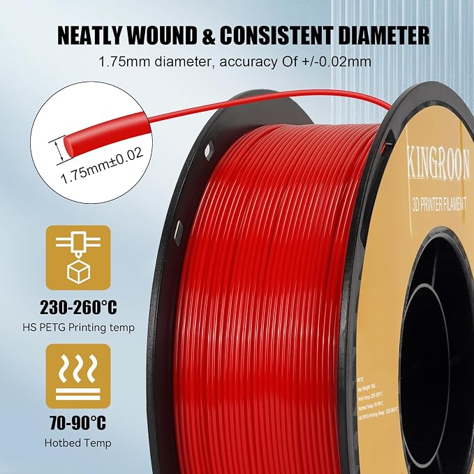 Kingroon High Speed PETG 3D Printer Filament 1.75mm, 3D Printer Rapid Filament for 30-600mm/s Hyper Printing Filament, Dimensional Accuracy +/- 0.03 mm, 1kg Plastic Spool(2.2lbs) (Red)