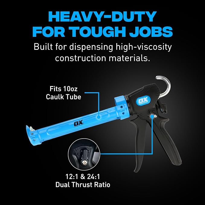 OX Pro Heavy Duty Caulk Gun - 10 oz Manual Caulking Gun with Dual 24:1/12:1 Thrust Ratio - Best Caulk Gun for Sealant & Adhesive - Pistola De Calafateo
