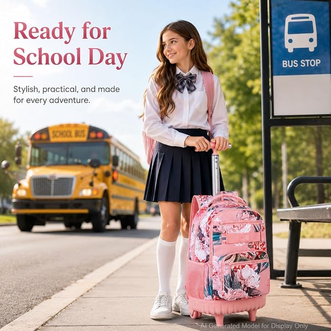 3Pcs Rolling Backpack for Girls Women, Travel Roller Backpacks with Wheels for Adults, Teens College Folwer Wheeled Bookbag with Lunch Box(Pink)