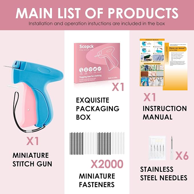 Stitch Gun for Clothes - Handheld Stitch Gun Quick Clothing Fixer - Mini Sewing Kit Micro Tagging Gun - Includes 6 Needle, 1000 Black Fasteners & 1000 White Fasteners（Pink-Blue）