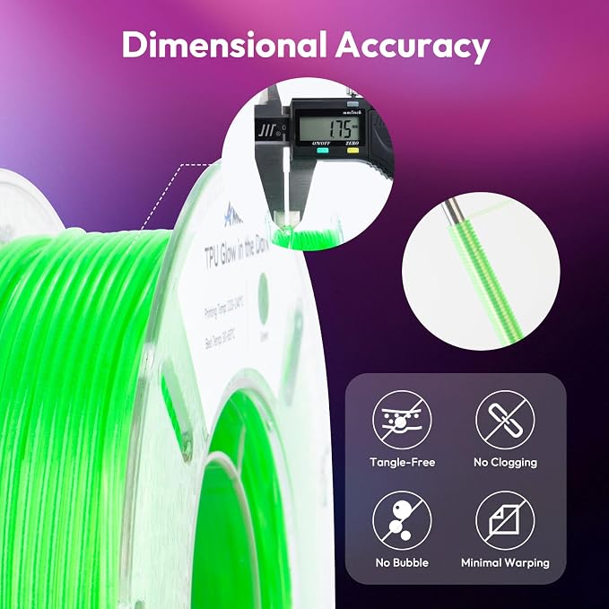 AMOLEN 95A TPU Glow in the Dark Filament Bundle, Red, Orange, Blue Purple, Green 1.75mm Soft Flexible TPU 3D Printer Filament, Best with UV Lamp, 200g x 4 Pack, Luminous Filament for Halloween