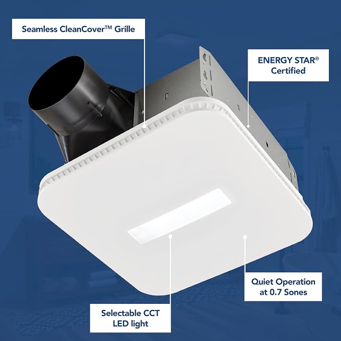 Broan-NuTone AER80CCTK CleanCover Bath Fan, 80 CFM, 0.7 Sone, with Selectable CCT LED Light, Energy Star, White