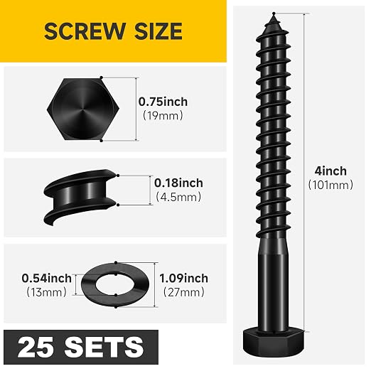 Mywish (25Sets) 1/2" x 4" Lag Bolts, 304 Stainless Steel 1/2 inch Lag Screws Bolts for Wood, Heavy Duty Hex Head with Flat Washers Bolt Kit, Black Oxided