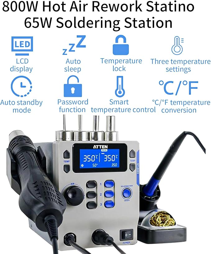 ATTEN ST-8802D 800W 2 in 1 Digital Rework Station With Hot Air Station and Soldering Station, Automatic Sleep Mode and Digital Display Function for Mobile Phone Repair, Laboratory, DIY
