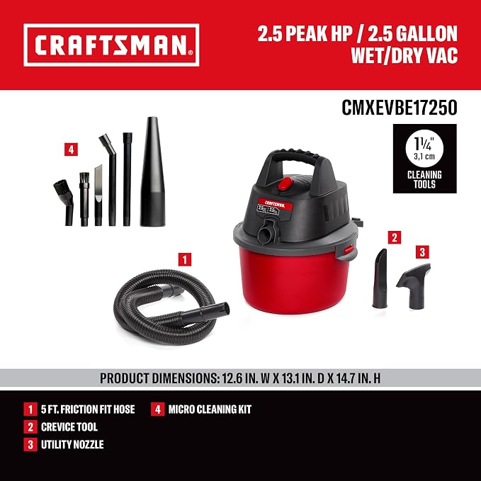 CRAFTSMAN CMXEVBE17250 2.5 Gallon 2.5 Peak HP Wet Dry Shop Vacuum Bundle