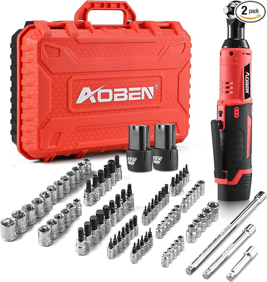 AOBEN Cordless Ratchet Wrench Kit,3/8" ratchet,40 Ft-lbs Electric Power Ratchet Set with Variable Speed Trigger,2 Packs 2000mAh Lithium-Ion Battery And Charger,83 Sockets