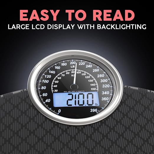 Hybrid Bathroom Scale - Analog & Digital Display, Accurate to 400 lbs | See weight on both an analog dial and digital LCD at once. Wide glass platform, accurate to 0.2 lbs, batteries included.