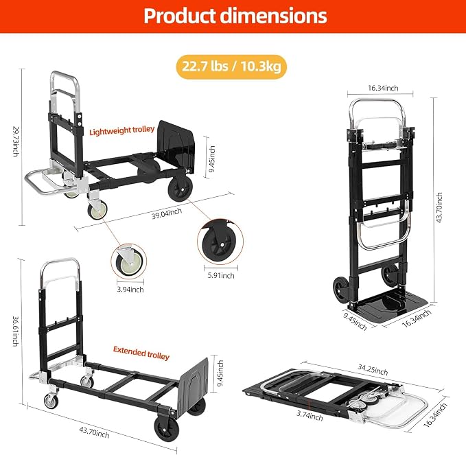 3-in-1 Foldable Hand Truck, 600lbs Heavy Duty Multi-Purpose Compact Dolly Cart with 4 Rubber Wheels, Adjustable Flatbed Folding Cart is Deal for Luggage Handling, Travel, Moving, Shop, and Office Use