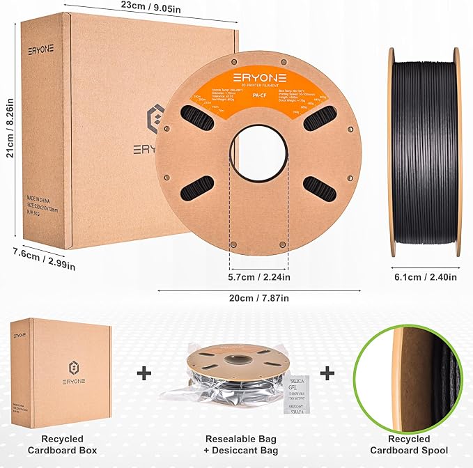 ERYONE Nylon 3D Printer Filament, Polyamide PA6 Carbon Fiber Filament 1.75mm +/- 0.03mm, Stiff & Strong & Heat Resistant, 800g/Spool, PA6 CF Black