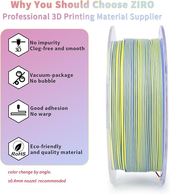 ZIRO Matte Tricolors PLA Filament Bundle, 4 Packs Magic Color Change by Angle Filament 1.75mm, Dimensional Accuracy +/-0.03mm, Fit Most FDM 3D Printer, 1KG x 4 Spool (no-Shine Surface)