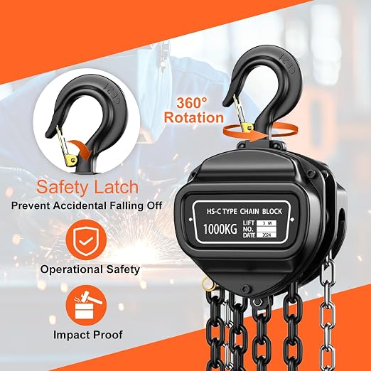 Hand Chain Hoist, Manual Chain Fall，1 Ton 2200 lbs Capacity 10 FT Come Along, G80 Galvanized Carbon Steel，Auto Chain Leading & 360° Rotation Hook for Warehouse Building Automotive Machinery (1T-3M)