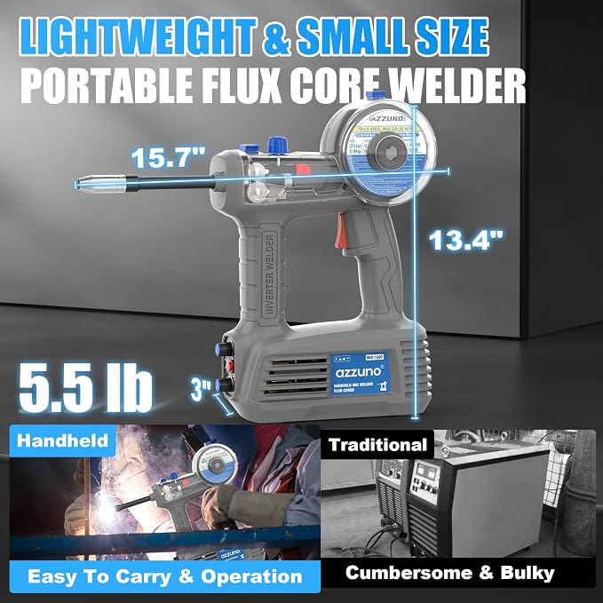 AZZUNO 100A Handheld MIG Welder & Welding Helmet Auto Darkening with True Color Large Viewing 3.94"×3.82", 110V Gasless MIG Welding Machine, Portable Wire Feed MIG Welder Machine