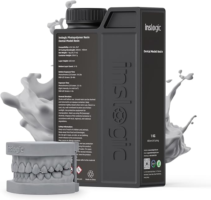 Inslogic Dental Model 3D Printer Resin, High Accuracy Resin for Restorative Models, Low Shrinkage, Low Odor, 405nm UV-Curing Resin for LCD, DLP, SLA 3D Printing (Gray, 1kg)