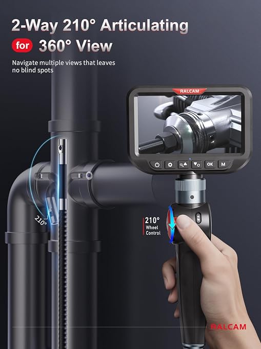 Ralcam Dual Lens Articulating Borescope, 6.5mm Slim Probe, 5" Endoscope Camera with Light, 5FT Semi-Rigid Cable, Two-Way Articulated Inspection Camera for Automotive Wall Pipe