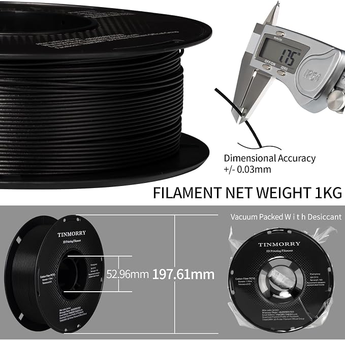TINMORRY Carbon Fiber PETG Filament 1.75 mm, High Rigidity & Strength PETG CF 3D Printer Filament, Compatible with Most FDM 3D Printers, 1 KG 1 Spool, Black