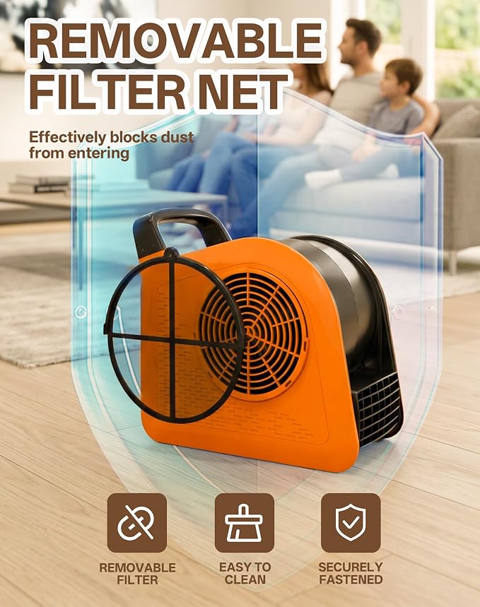 Air Mover Blower Fan, Drying Cooling Ventilating, Removable Filter Screen, 185° Rotation, 3 Adjustable Speeds, 2 AC Outlets, Portable Blower for Home, Garage, Workshop and Job Site, Orange