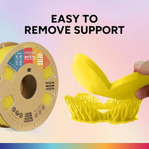 OVERTURE Matte PLA 1.75mm, Low Warp & Smooth Finish 3D Printer Filament | Frosted Matt Finish Hides Layer Lines, 1kg Spool (2.2lbs) Cardboard Spool, Fit Most FDM Printer (Matte Yellow)