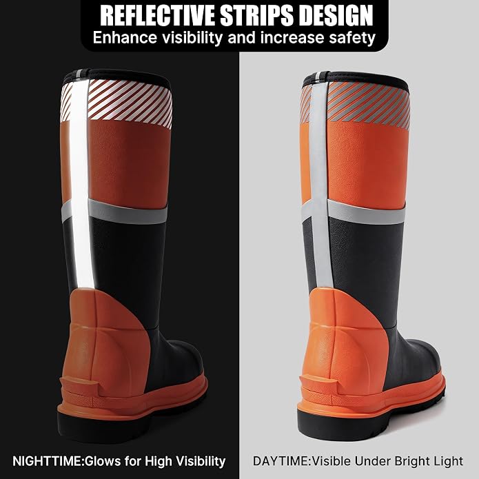 Steel Toe Rubber Boots for Men, Safety Reflective Strips, Punctrue-Proof with Steel Shank, Waterproof, Insulated 6mm Neoprene Work Boots for Farming, Manufacturing, Construction (Black/Orange, Size 6-14)