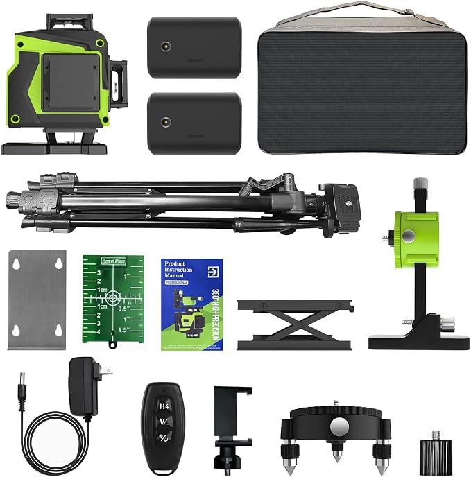 16 Line Laser Level with Tripod,4x360° Self Leveling Laser Level with 2 Batteries,4D Laser Level 360 Self Leveling,Green Line laser Level Tool for Construction,Picture Hanging,Home Renovation