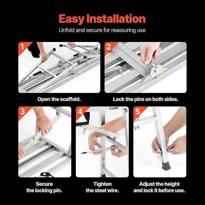 VEVOR Work Platform, 71"x 15" Portable Scaffolding Platform, Folding Steel Step Ladder Adjustable Height 35.4”-59.1”, 800 lbs Load Capacity, Non-Slip Drywall Painting Stool for Cleaning &Washing