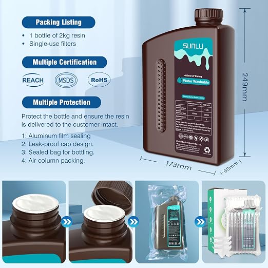 SUNLU 2kg Water Washable 3D Printer Resin, Fast Curing Low Shrinkage, High Precision Photopolymer Resin for LCD/DLP/SLA Printers,395 to 405nm UV Resin, 2000g White