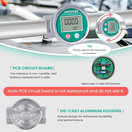 Waterproof 1 Inch Digital Water & Fuel Flow Meter with 3/4 Inch Adapters, EMI Protection, 2.4-26.4 GPM Inline NPT Thread Fuel Meter for Gasoline, Gas Oil, Water, and Other Liquids.