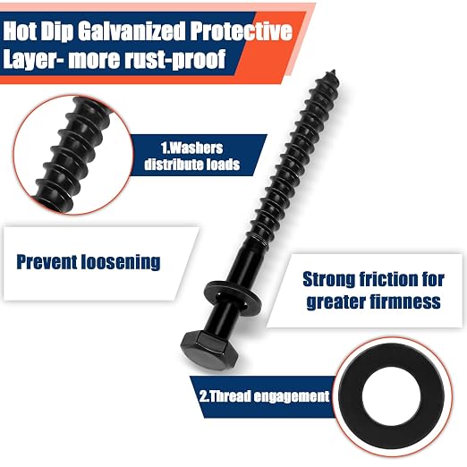 Tandefio 100 Pack 1/4''x2-1/2'' Hex Head Lag Bolts for Wood Ceramic Black Lag Screw Kit with Washers Heavy Duty Hot Dip Galvanized Coating Double Layer for Decks Fences