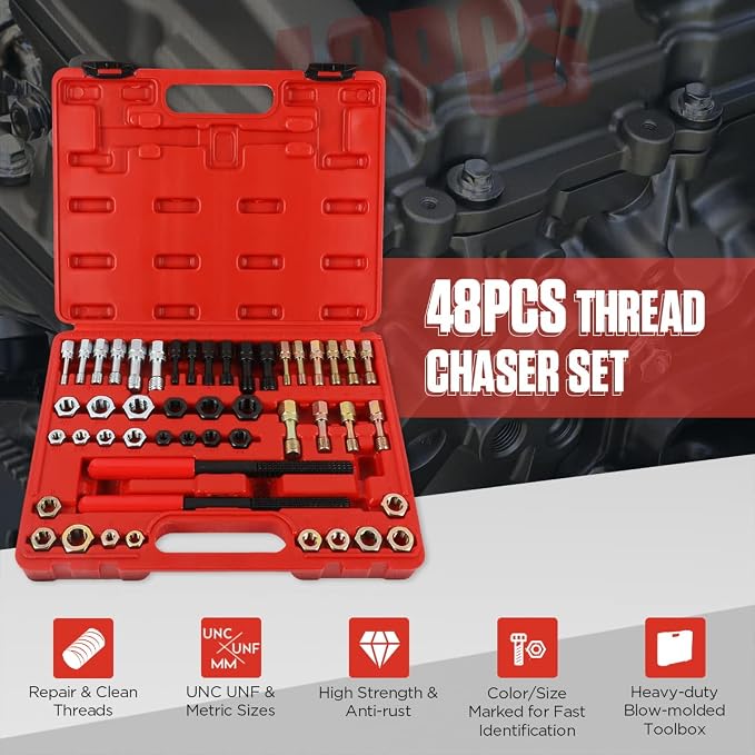 Thread Chaser Set 48PCS Thread Repair Tool Kit UNC/UNF/Metric Thread Chaser Rethreading Kit Anti-rust Thread Restorer Kit with 24 Dies, 22 Taps and 2 Thread Files with Detachable Cap, Tap And Die Set