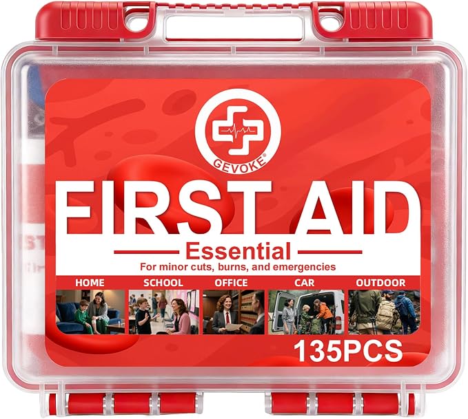 Gevoke Mini First Aid Kit - 135 Piece HardCase First Aid Box for Home, Car, Travel, Camping, Hiking, Truck, Sports, Office, Vehicle & Outdoor Emergencies - Medical Kit (Small)