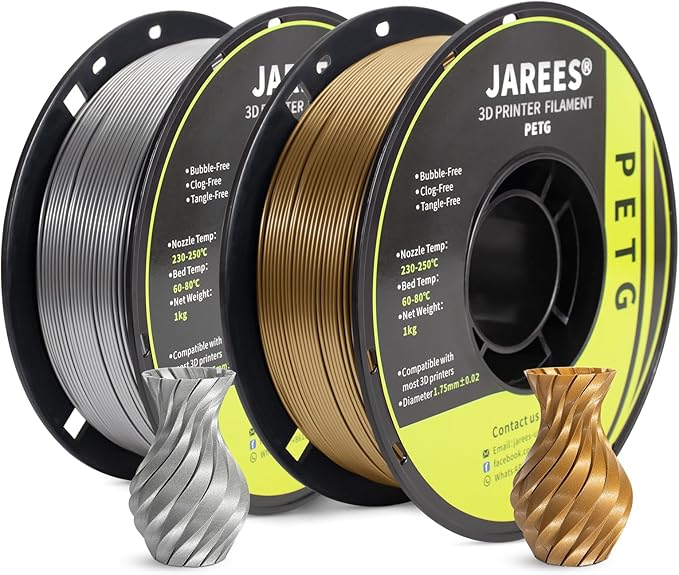 PETG Filament 1.75mm Bundle for 3D Printer, Total 2KG Metal-Like Consumable 1kg (2.2lbs) 1X2 Spool, High Speed Metallic Finish PETG, Dimensional Accuracy +/- 0.03 mm, Silver and Bronze Gold