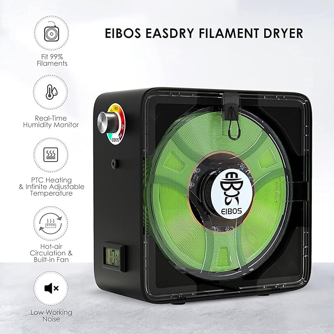 【EIBOS Official】 3D Printer Filament Dryer Easdry Box with Fan, Adjustable Temperature, Humidity Control & Spool Holder, Compatible with 1.75mm 2.85mm 3.00mm Nylon, PLA, ABS