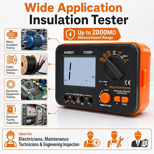 AIOMEST Digital Megohmmeter Megaohm Meter with 250V/500V/1000V Test Voltage Testing Insulation Resistance IR 0.1MΩ~2GΩ, Measure AC DC Volt Ohm, Continuity Tester, Megaohmeter w/Over-Range Indicator