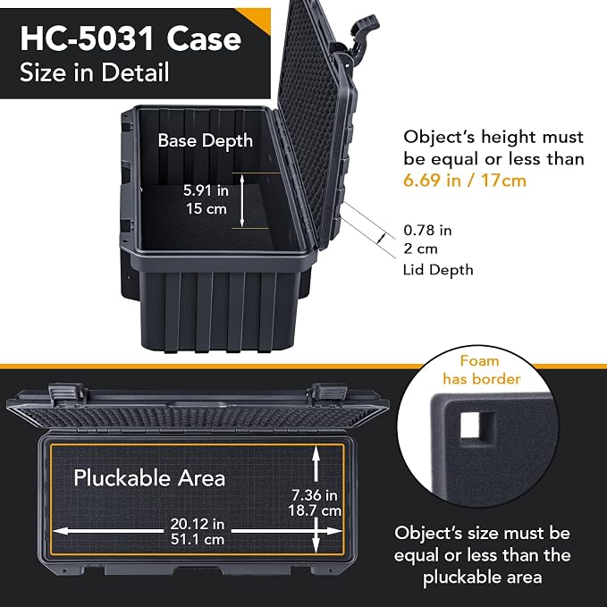 Lykus HC-5031 Waterproof Hard Case with Customizable Foam Insert, Interior Size 20.67x8.15x6.69 in, Suitable for long slim items