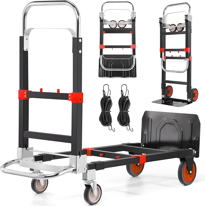 3-in-1 Convertible Heavy Duty Folding Hand Truck Dolly, 600LB Capacity with Rubber& Wheels Telescoping Handles, Portable Collapsible Cart for Warehouse, Supermarket, Office (Red)