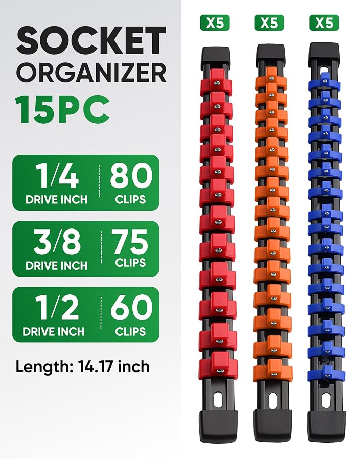 ALOANES 15PC Socket Organizer, Socket Rails Fit 1/2", 1/4" and 3/8" Drive | Portable Heavy Duty ABS Socket Holders Hold up 215 Sockets for Toolbox Drawer Bags(5 Color)