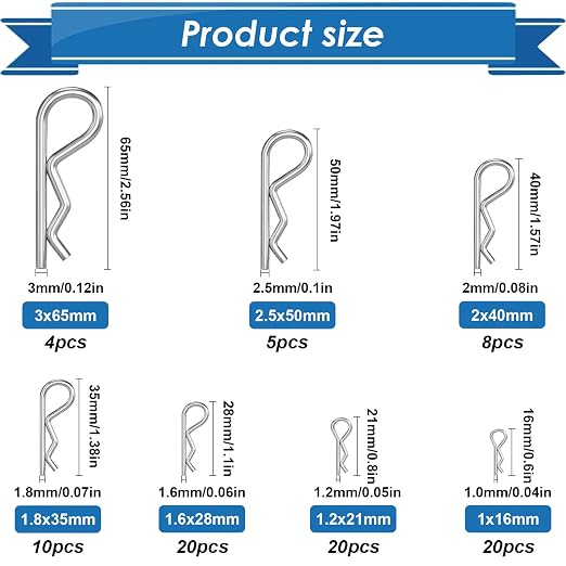 220Pcs Cotter Pin Assortment Kit - 304 Stainless Steel 13 Sizes Cotter Pins & R Clips Cotter Pin Set for Hitch Pin Lock Systems