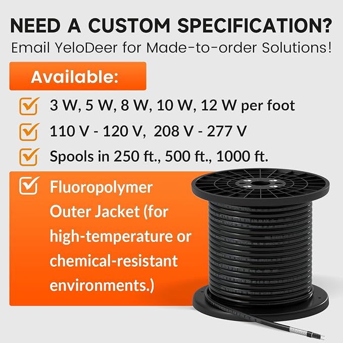 Cut-to-Length Roof & Pipe Heating Cable – YeloDeer Professional Bulk Roll, 5W/ft 120V 30Ft Self-Regulating CSA for Electricians and Installers (Requires End Seal & Power Cord Kit)