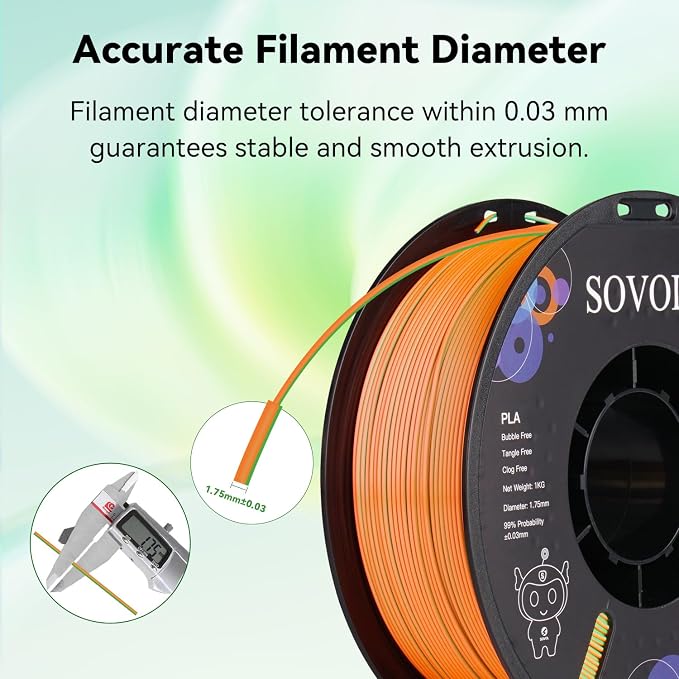 Sovol PLA Filament Silk Tri Color Co-Extrusion 1.75mm, 3D Printer Filament 1kg/ 2.2lbs, Shiny Silk Blue Green Orange 3 in 1 Coextrusion PLA Material +/-0.03mm