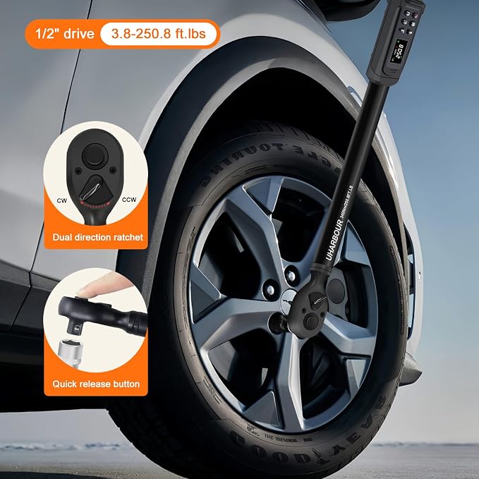 Uharbour Digital Torque Wrench 1/2 Drive, 3.8-250.8 Ft.lb Range, 1/2 Digital Torque Wrench ±1% Accuracy with Vibration, Buzzer and LED Alert, Suitable for Car, Motorcycle and Bicycle