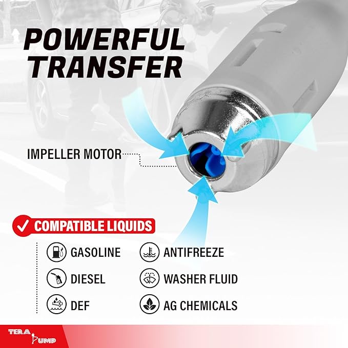 TERA PUMP Fuel Transfer Pump w/Quick Flow Control Nozzle | 3X Powerful D Battery Powered, 39" Upgraded Vinyl Discharge Hose, Multipurpose Portable For Gas, Diesel, Water, 2.8 GPM